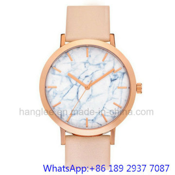 Relógios de aço inoxidável de alta qualidade Whit Marble Dial, pulseira de couro genuíno Ja-15064